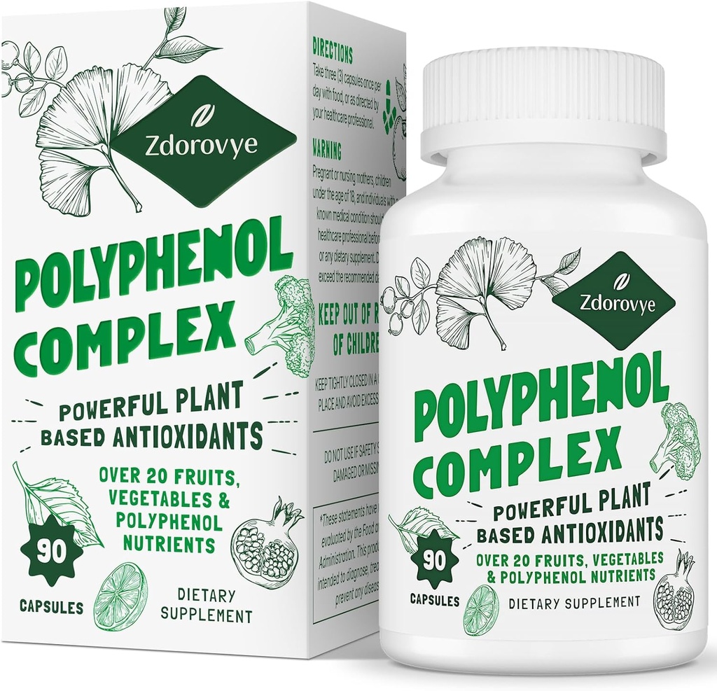20-in-1 Polyfenolen supplement Meer dan 20 Fruit, Groenten & Polyfenolen, Krachtige Antioxidanten, Quercetin, Resveratrol, Kurkuma, Groene Thee, Polyfenolen voor Leeftijdsverdediging, Energie & Immune, 90 Capsules