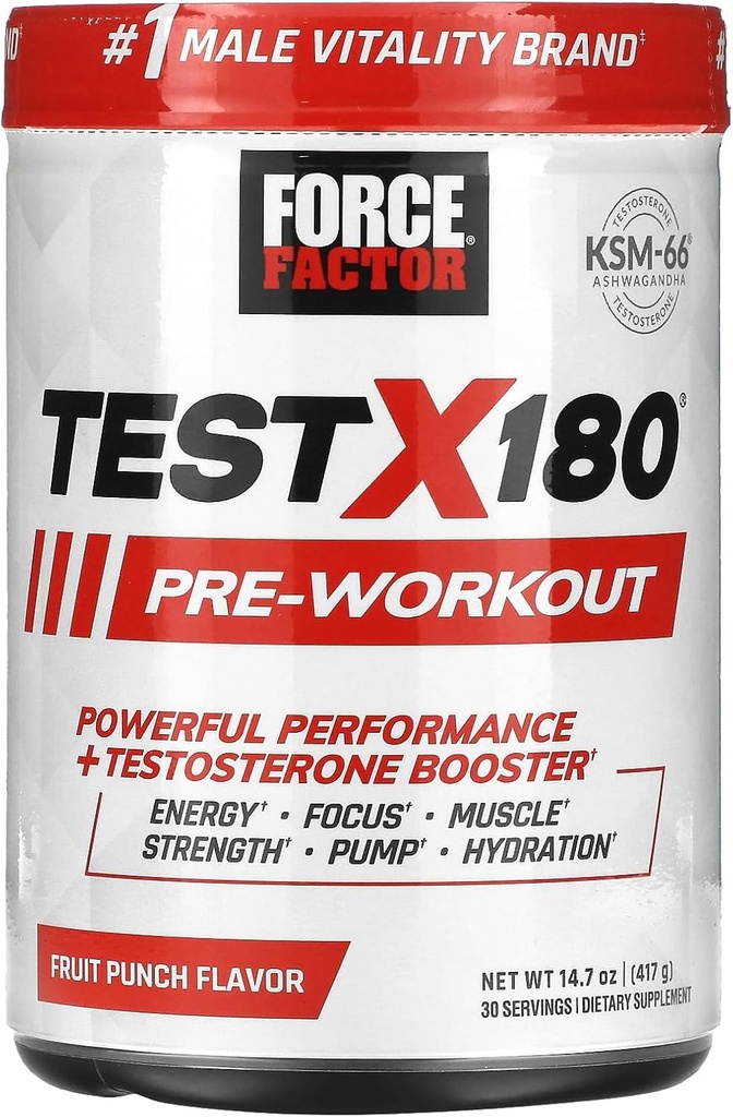 FORCE FACTOR Test X180 Pre-Workout Powder & Energy Supplement, Boost Focus & Endurance, Build Muscle & Strength, Nitric Oxid Supplement met Ashwagandaha & L-Citrulline, Fruit Punch, 30 Servers