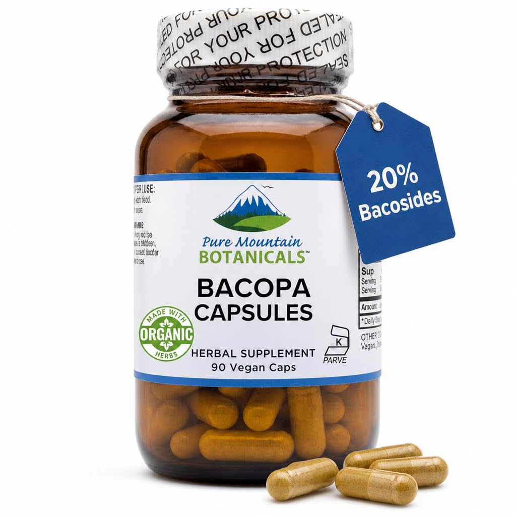 Pure Mountain Botanicals Bacopa Monnieri Capsules - Caps végétaliens avec Bacopa biologique et supplément d'extrait de Bacopa normalisé