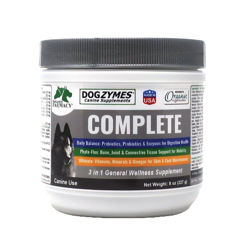 Dogzymes complets - Probiotiques, prébiotiques, glucosamine, chondritine, MSM et acide hyaluronique, soin complet de la peau et du manteau (8 once)