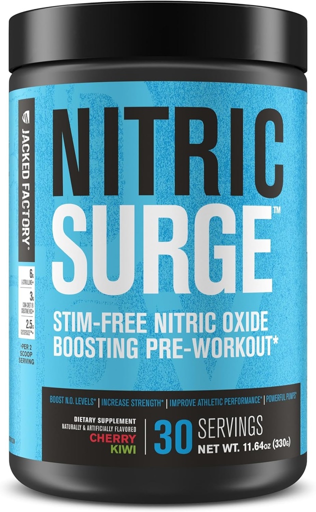 Poudre de pré-entraînement sans chirurgie nitrique Jacked Factory - Supplément à oxyde nitrique sans caféine avec créatine, L Citrulline et GlycerSize Glycerol - Cerise Kiwi, 30 portions