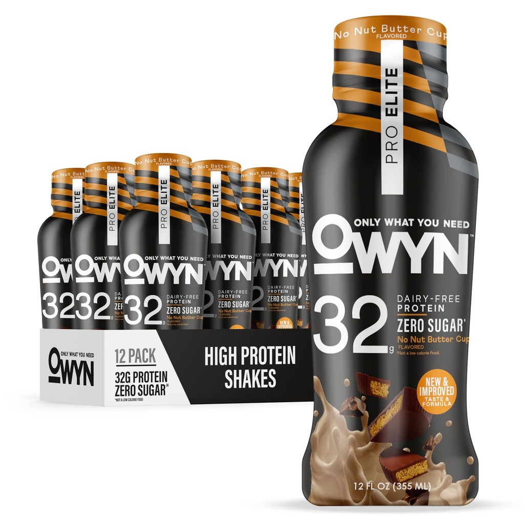 OWYN Alleen wat je nodig hebt Pro Elite Vegan Plant Based High Protein Keto Shake, No Nut Butter Cup, Zero Sugar, 32g Proteïne, Omega-3, Prebiotica, Superfoods Greens voor training en herstel, 0g Net Carbs