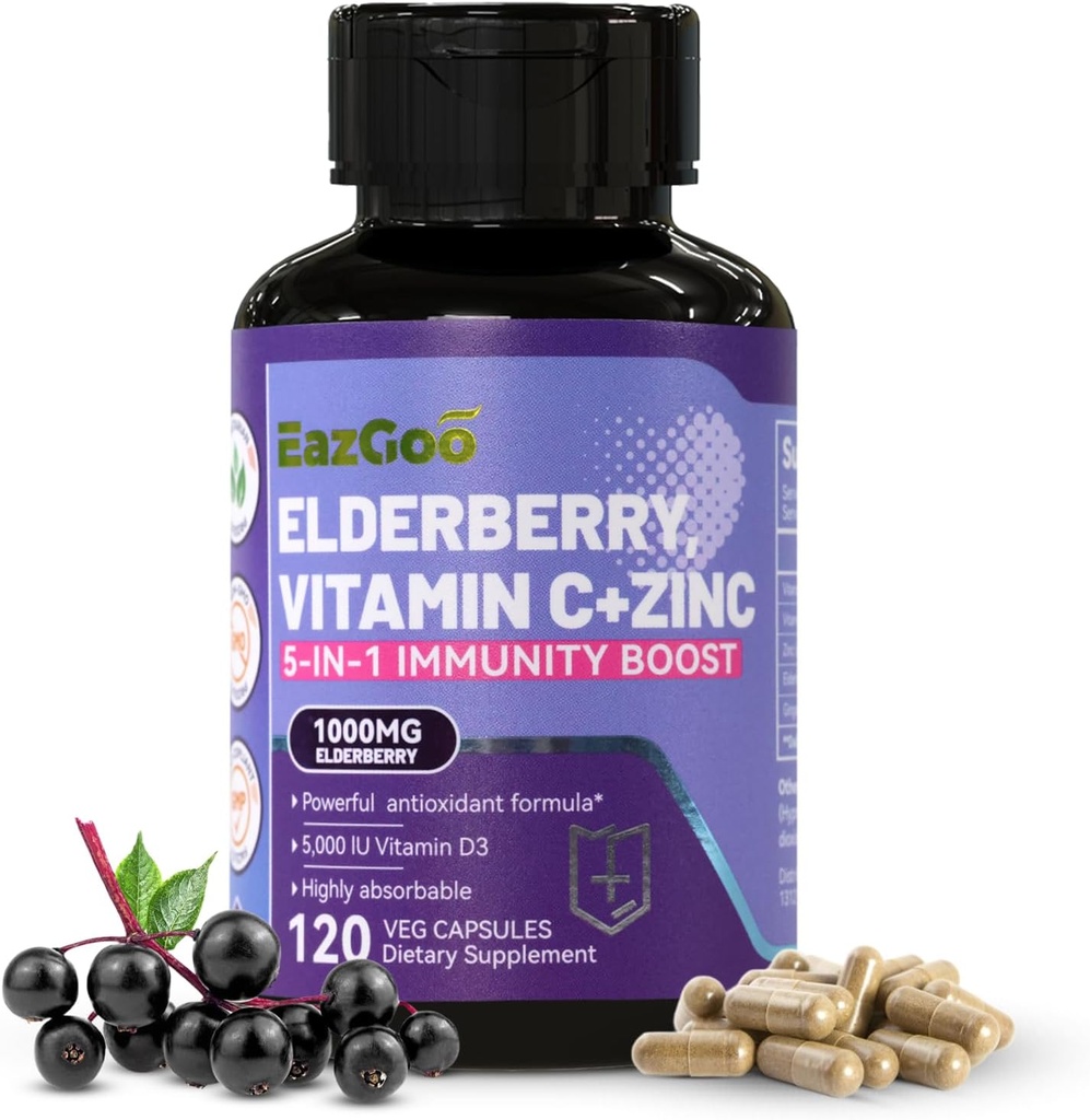 Sambucus Vlierbes met zink en vitamine C - 5 in 1 Immune Support Supplement, Non-GMO, 120 Vegetarische Capsules, 2 maanden Levering