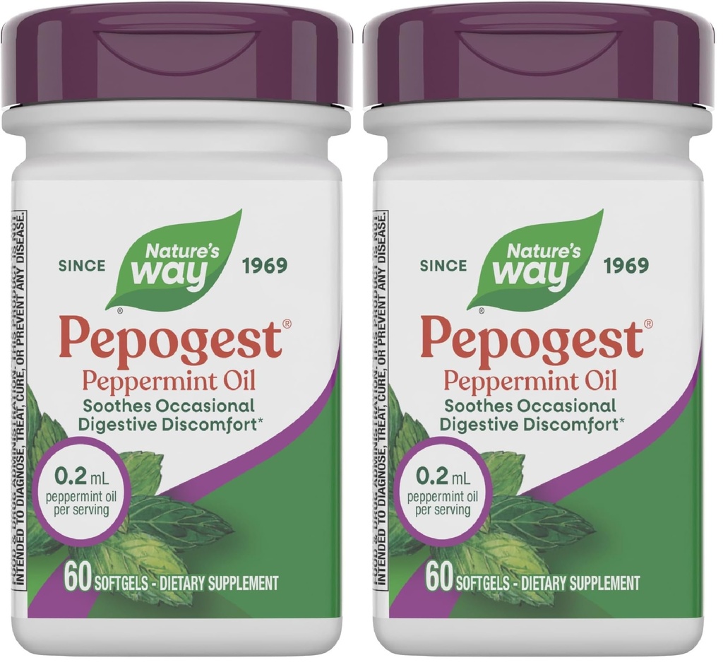 Nature's Way Pepogest Peppermint Oil, Soothes Occasional Gastrointestinal Discomfort*, 60 Softgels (pack of 2)