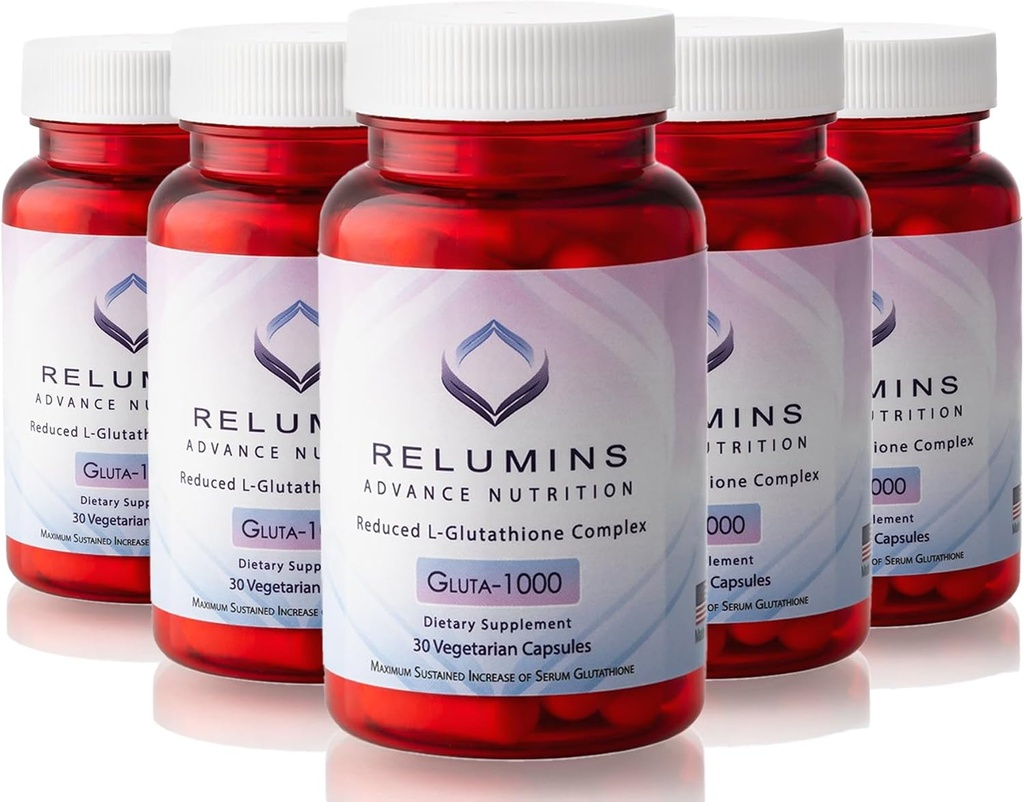 Relumins Advance Nutrition Gluta 1000 - Verminderd L-glutathion, Alpha Lipoïnezuur & Rose HIPS, Antioxidant Ondersteuning voor de huid en de algehele wellness, Made in USA - 30 Capsules x 5 Flessen (75-dagen levering)