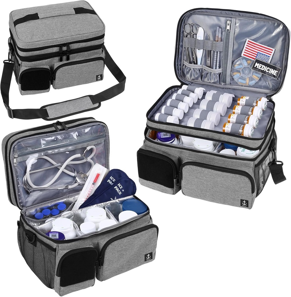 Double Layers Medicine Bag with Insulated Compartment Pill Bottle Organizer with Lockable Zipper,Travel Medicine Organizer with Soft Shoulder Straps for Pill Bottles, Medical Supplies