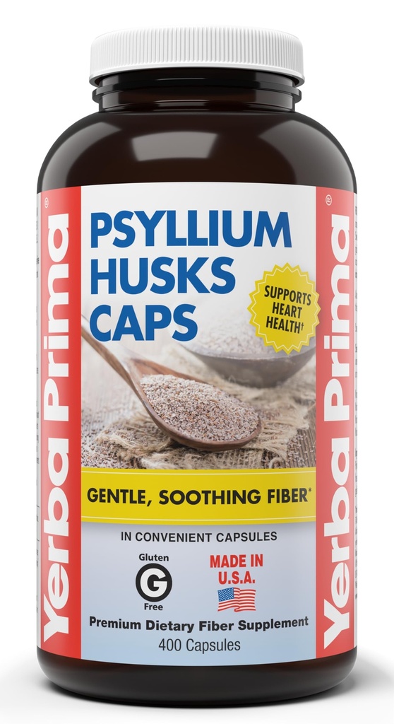 Yerba Prima Psyllium Husks Caps, 625 mg, 400 Capsules - Fibre naturelle pour hommes et femmes - Supplément de soutien à la régularité