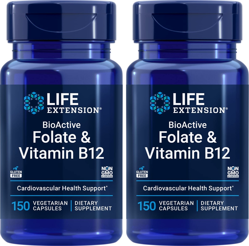 Prolongation de vie Folate bioactif et vitamine B12, 150 Capsules végétariennes (paquet de 2), non OGM, sans gluten