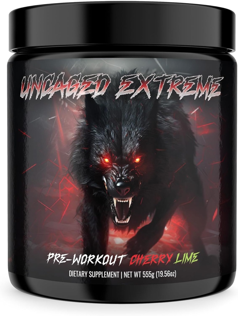Uncaged Extreme Pre-Workout Powder - Extreme Energy, Focus, Nitric Oxide & Muscle Pump - Extreme Formula with L-Citrulline, Beta-Alanine, Rhodiola Rosea - 30 Servings - 1,22 Ponden - Cherry Lime