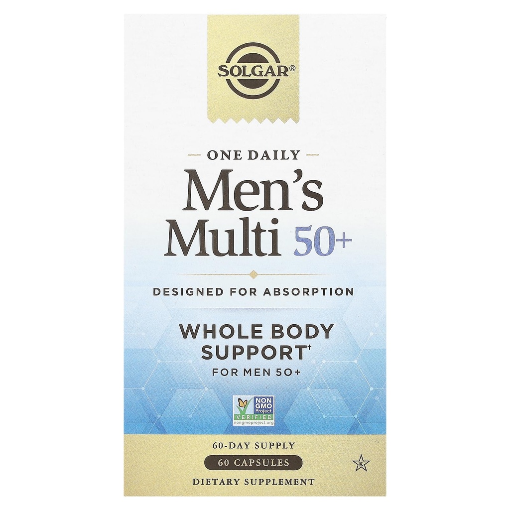 Solgar One Daily Men's Multi 50+ Hele Body Ondersteuning voor mannen 50 en ouder Zeer Absorbeerbare Vertraagde Release Hart, Energie, Stress, Spier, Bot, Prostaat Ondersteuning Vitamine 60 Vegan Capsules, 60 Servingen