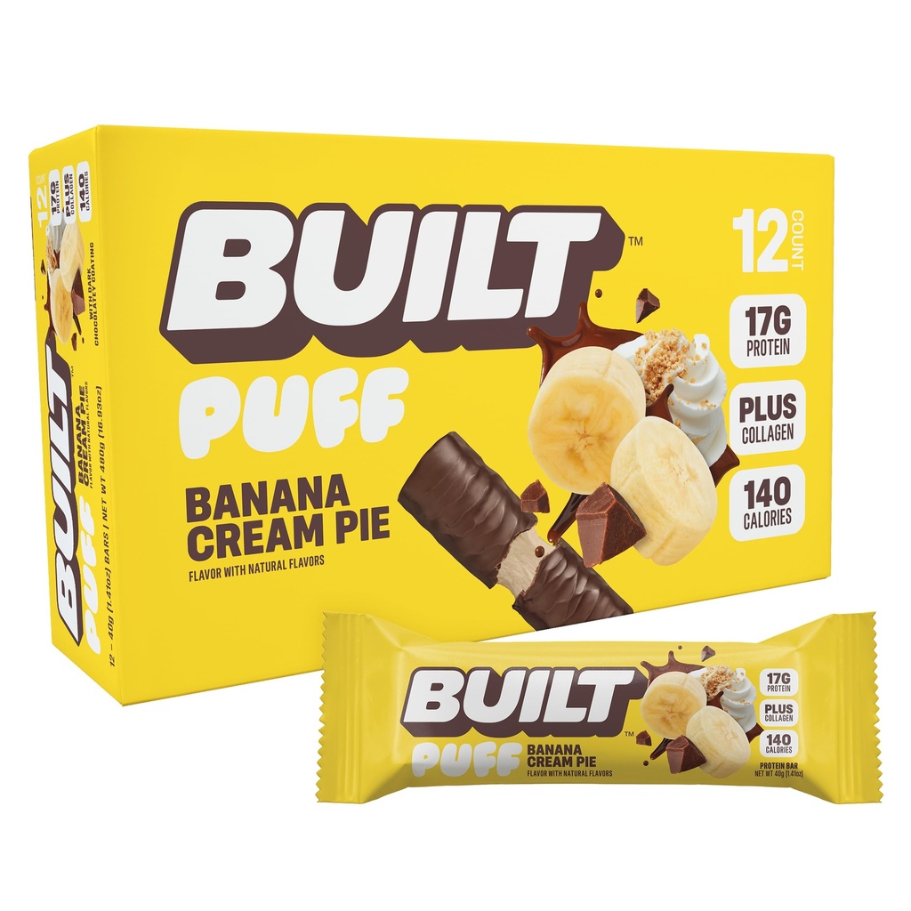 Built Bar, Puff Protein Bars, Banana Cream Pie Puff, 17g Protein Snacks, On-The-Go Bars, Slechts 140 Calorieën, 6g Suiker, Collageen, Glutenvrij, 12 Tellen
