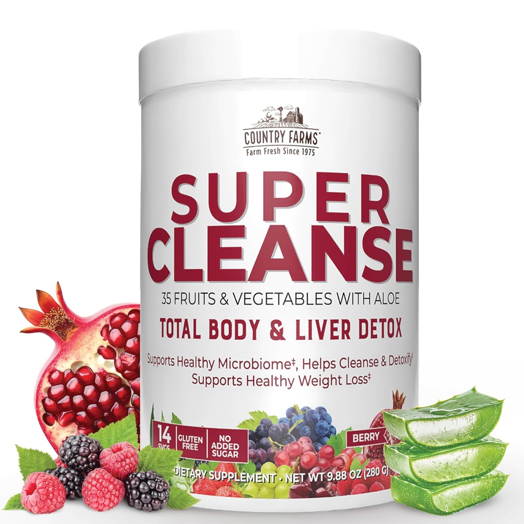 Country Farms Superreiniging, Super Juice Reiniging, Ondersteunt Gezond Digestief Systeem, 34 Fruit en Groenten met Aloë, Promoot Natuurlijke Ontgifting, Drinkpoeder, 14 Serven, 9,88 Ounce