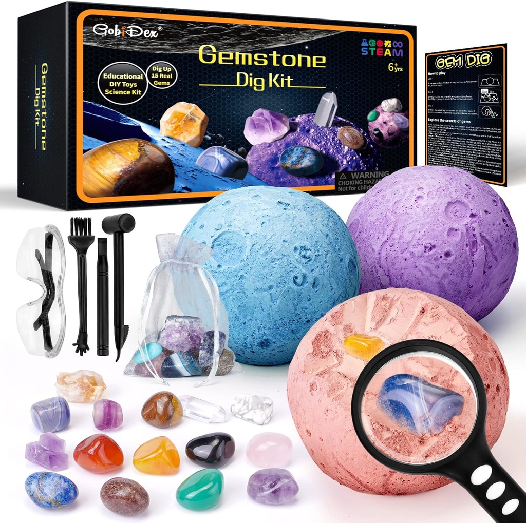GobiDex Gemstones Dig Kit, Solar System Science Kit pour enfants, Excavation 15 Gems Réels, STEM Educational Space Toys Planet Collection Kit, Archéologie Géologie Projets scientifiques Cadeau pour garçons et filles Age 6+