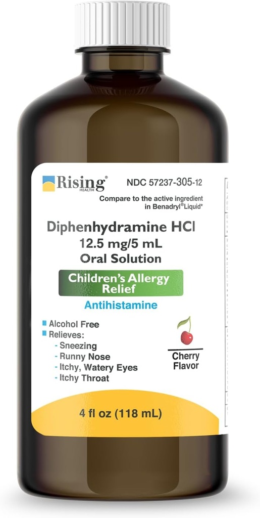 Rising Health - Allergie Relief Liquid Medicine met Difenhydramine HCl 12,5mg/5ml - Kids' Allergie Siroop voor symptomen zoals Runny Nose, Itchy Eyes & More - Cherry Flavor - 4 fl. oz