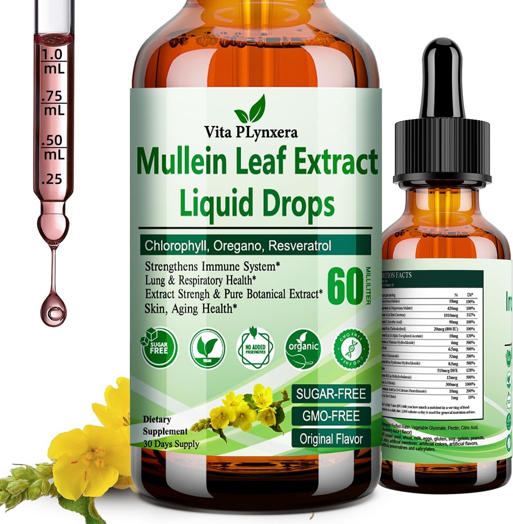 Mullein druppels voor longen, Organische Mullein Leaf Extract voor Lung Detox w. Chlorofyl Vlierbessen Oregano olie Resveratrol Mullein Tinctuur Alcoholvrij, Original Fl/Oz