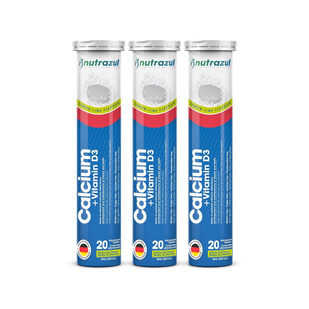 Nutrazul Calcium + Vitamine D3 Bruistabletten 60 tabletten Ondersteunt Bone Health & Maintenance voor volwassenen en kinderen Lemon-Lime smaak