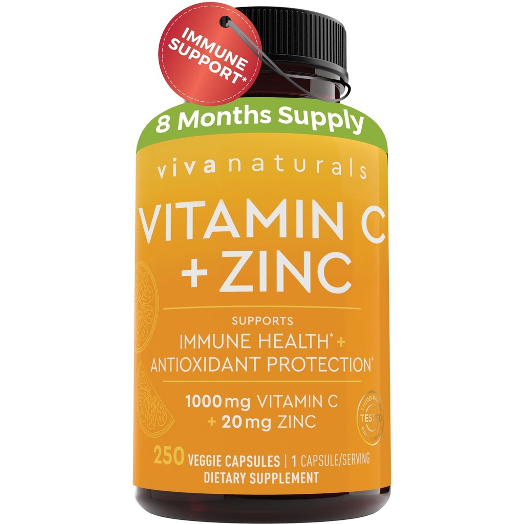 Viva Naturals Vitamine C en Zink Supplementen 1000mg - Zink 20mg (250 Veggie Capsules) - High-Potency & Vitamin C met Zink voor Immune Ondersteuning - Non-GMO, Glutenvrij (8 Maanden Levering)