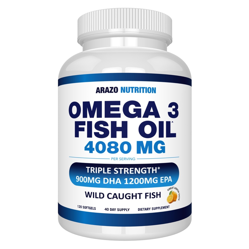 Arazo Nutrition Sauvage pris Omega-3 Huile de poisson Concentré – 4 080mg par portion – High EPA 1200mg & DHA 900mg – 120 softgels de citron sans Burpless