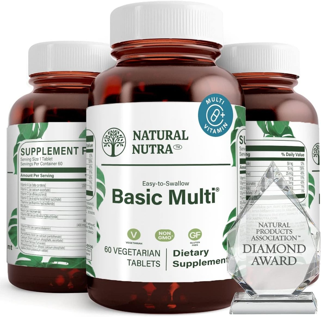 Natural Nutra Multivitamin and Mineral for Women and Men, One a Day Vitamin and Supplement, Vitamin B1, Calcium, Iron, Phosphorus, Vegetarian, Gluten-Free, 60 Easy to Swallow Tablets