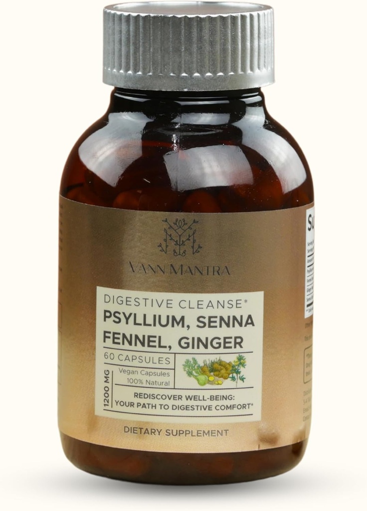 Digestieve Cleanse Capsules - 1200mg Psyllium, Senna, Venkel, Gember Extract - 60 Tel, Natuurlijke Digestieve en Gezondheidsondersteuning Supplement, Gentle Bowel Movement Aid - Vegan Formula for Balanced Gut Health