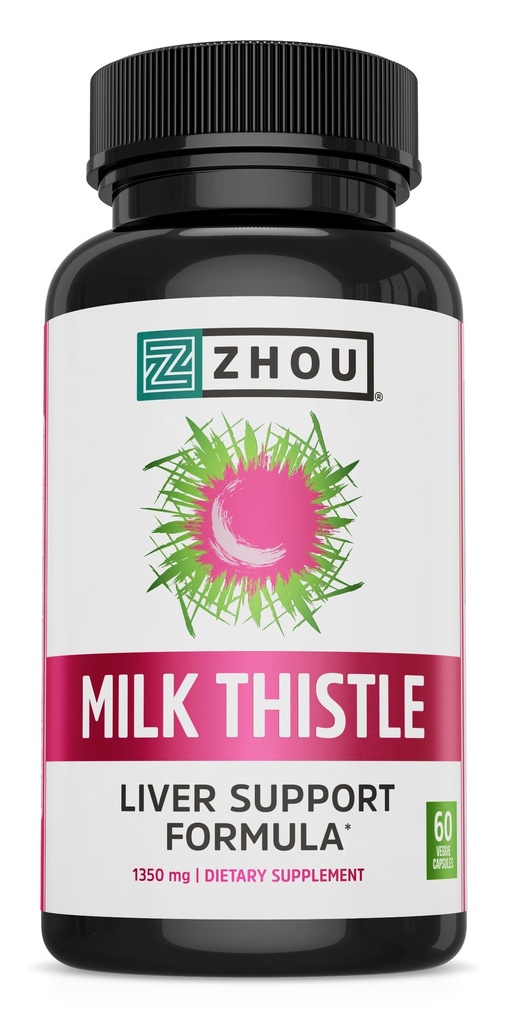 Thistle de lait de Zhou - supplément de santé du foie, extrait de chardon de lait silymarin et poudre pour les hommes et les femmes, nettoyage des plantes, santé métabolique - 60 capsules végétariennes