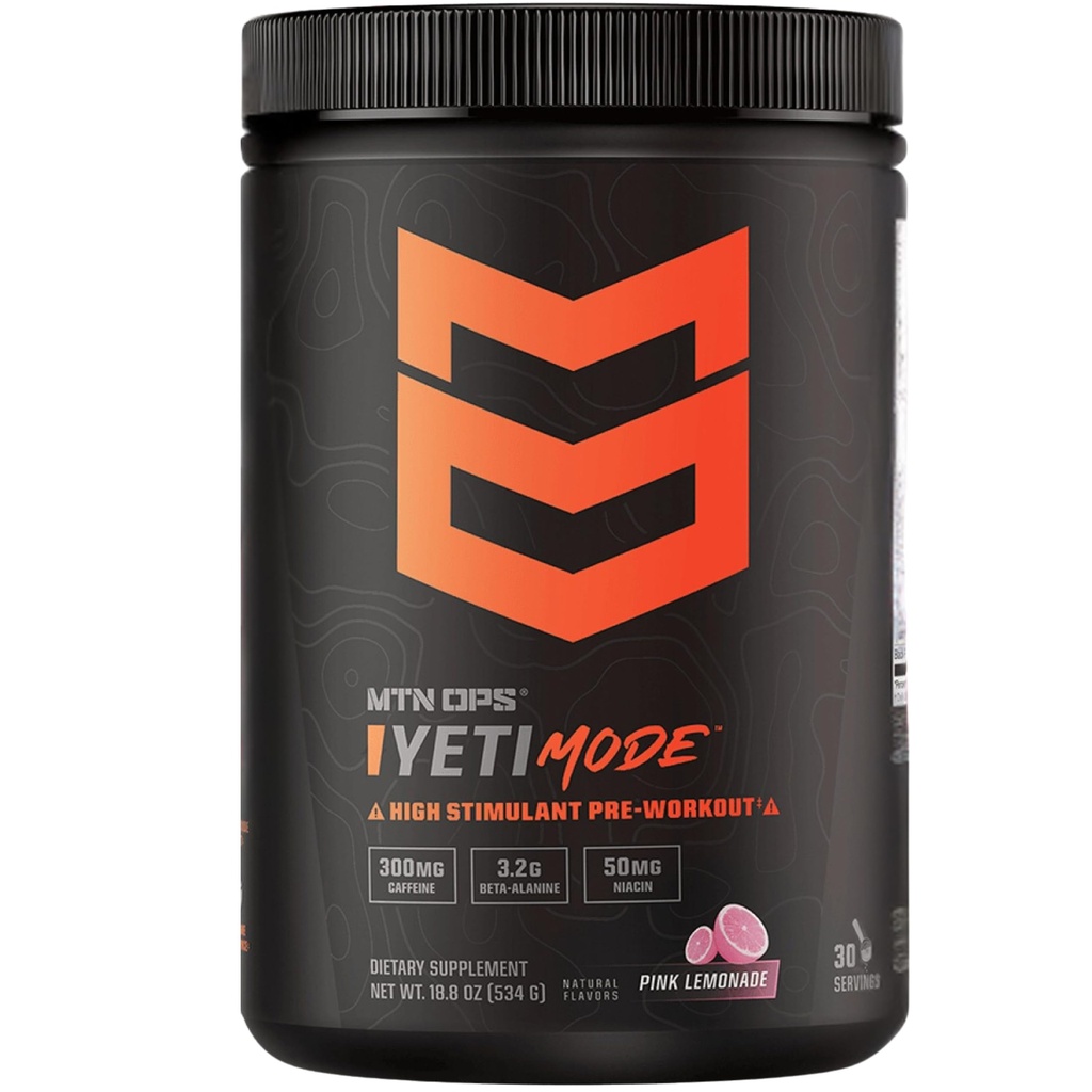 MTN OPS Yeti Mode Pre-Workout Powder - Explosive High-Stimulant met 300 mg Cafeïne, Creatine Monohydraat, Beta-Alanine en 45 mg Niacin - Pink Limonade smaak in 30 Serving Tub