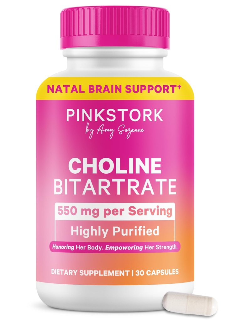 Pink Stork Choline - 550 mg Choline Bitrate van VitaCholine voor zwangere + postpartum moeders - prenatale vitamine voor foetale cognitieve gezondheid + borstmelk kwaliteit - 1 capsule dagelijks, 30 telling