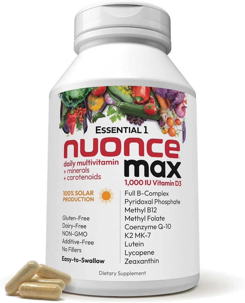 ANDREW LESSMAN Essential-1 nuonce max Multivitamin 1000 IU Vitamin D3 60 Small Capsules. 100 mcg Methyl B12. CoQ10 Lutein Lycopene Zeaxanthin. High Potency. No Additives. Ultra-Mild One Daily Capsule