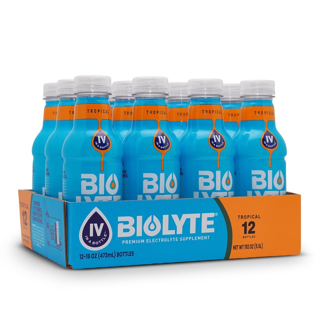 BIOLYTE Electrolyte Drink - Doctor-Formulated Hydration Drink, HSA & FSA Electrolytes Water, Chemotherapie Must Haves for Women & Men, Rehydration IV Liquid in a Bottle - Tropical, 16 Fl Oz (12 Pack)