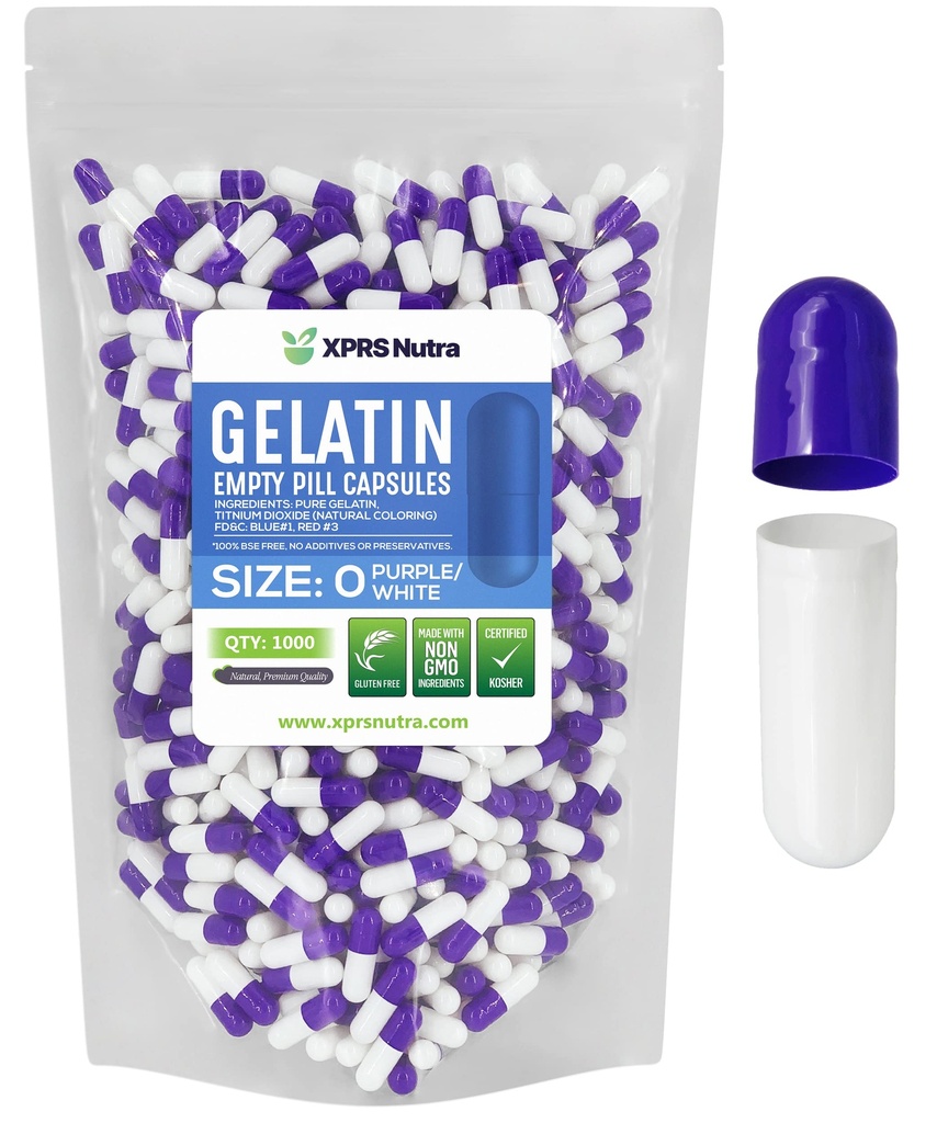 XPRS Nutra Size 0 Empty Capsules - 1000 Count Empty Gelatin Capsules - Pills DIY Capsule Filling - Pure Bovine Pill Gel Caps for Do-It-Yourself Supplements (Purple/White)