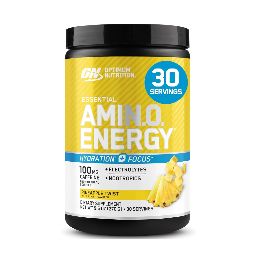 Alimentation optimale Amino énergie poudre plus hydratation, avec BCAA, électrolytes, et caféine, ananas twist, 30 portions (emballage mai vary)