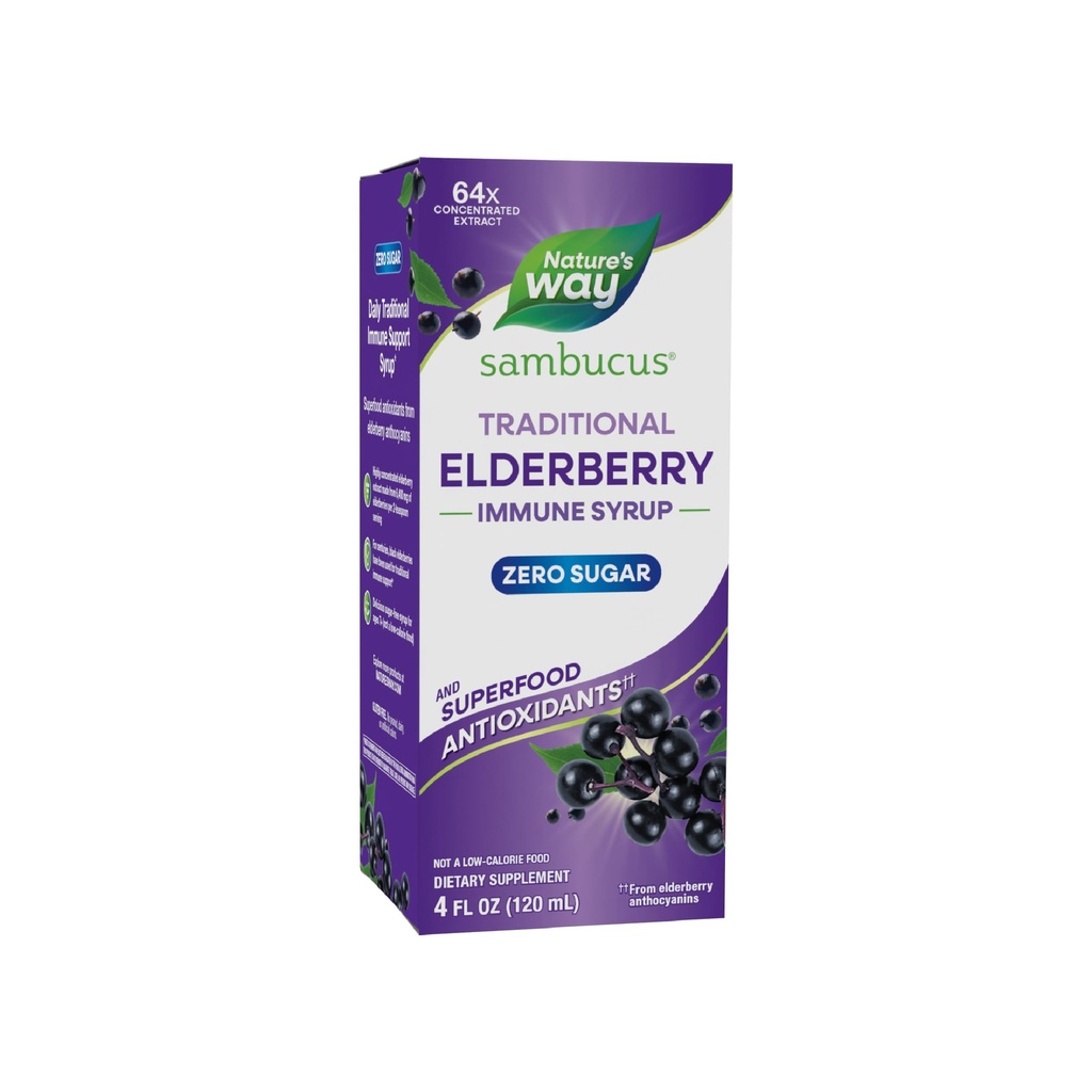NatureS Way Sambucus Zero Sucre Sirop Immune traditionnel, extrait de mûrier noir hautement concentré, soutien immunitaire traditionnel*, avec des antioxydants superalimentaires(1), 4 Fl Oz (paquetage mai Vary)