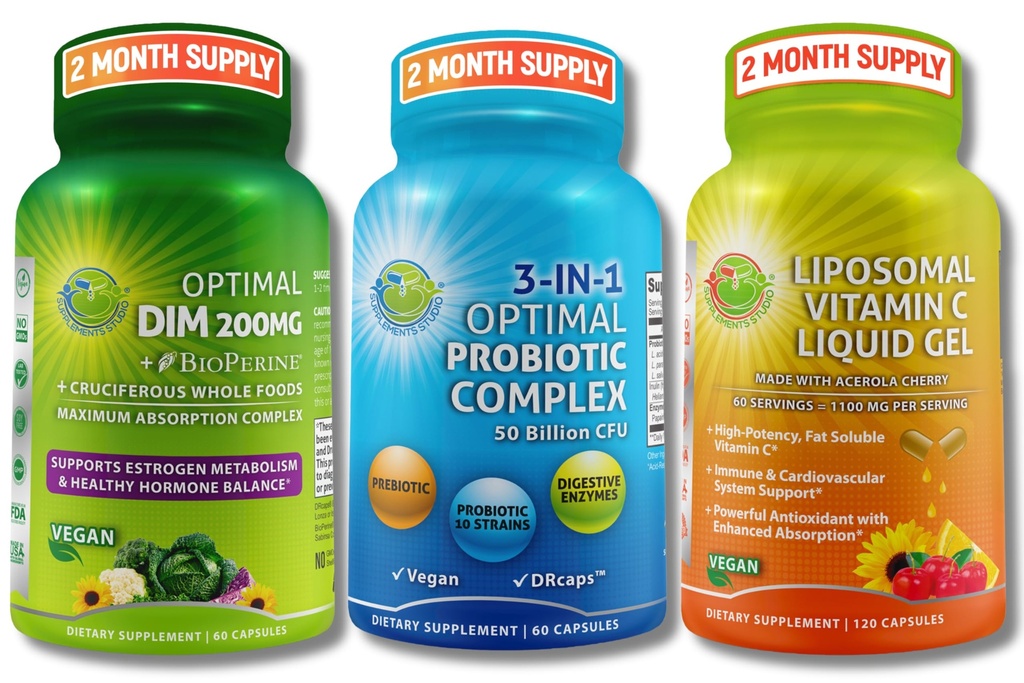 Hormonale, spijsverterings- en immuunondersteuningsbundel - DIM 200mg met BioPerine® & Cruciener Whole Foods + Vegan 3-in-1 Probiotic 50 Miljard CFU + Liposomale Vitamine C 1100mg met Acerola Cherry - Geen Fillers