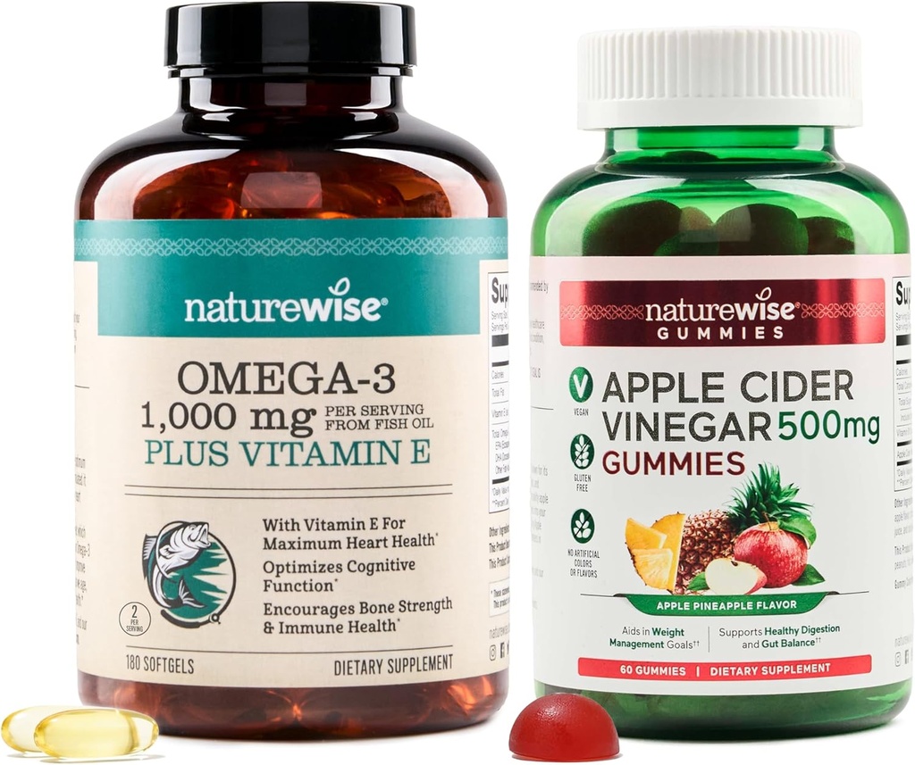 NatureWise Omega-3 Visolie 1000mg met E 180-Count+ Apple Cider Vinegar Gummies 500mg met B12, 60-Count (Vegan Gummy) - Bundel voor hart, oog, spijsvertering gezondheid - Glutenvrij, sojavrij, niet-GMO