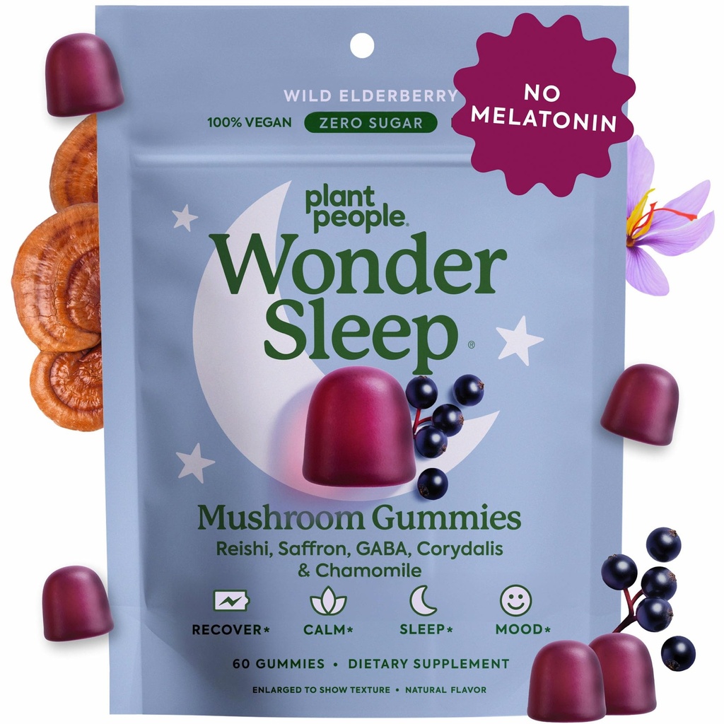 Plant People WonderSleep Mushroom Gummies Supplément pour le sommeil, Pas de mélatonine avec Reishi Super champignons, Farine de mûrier sauvage, sans sucre (60 comte)