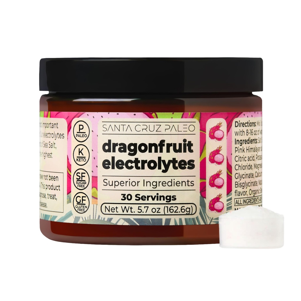 Santa Cruz Paleo Electrolyte Poeder, Draken Fruit smaak, Suikervrije Hydratatie Drink Mix met Himalaya roze zout, Zeezout, Magnesium Glycinate, Kaliumchloride, Gezoet met Stevia, 30 Serven