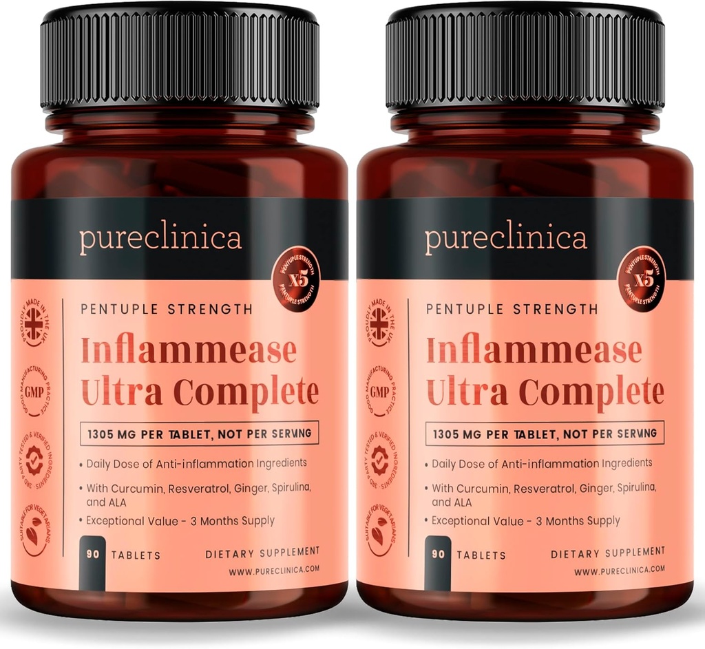 pureclinica Inflammease Ultra Complete (Resveratrol, Ginger, ALA, Spirulina, Curcumin- 5 supplementen in één) 1305mg x 180 tabletten - 2 flessen van 90 tabletten - 6 maanden levering!