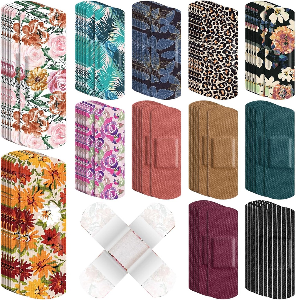 180 stuks Flexibele stof lijm Bandages Bulk diverse Bandages Floral ademende stof Strip met Non Stick Pad, flexibele bescherming Wond Care voor vrouwen knipt Scrapes Eerste Hulp, 12 Styles