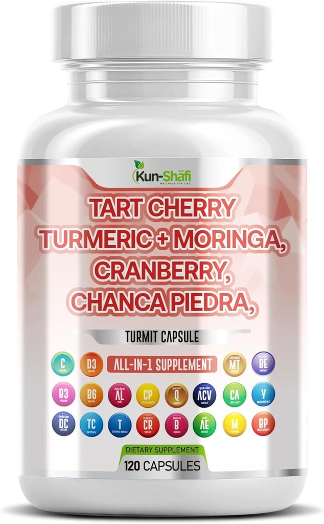 Tart Cherry Extract Capsules 20.000mg met Kurkuma 8000mg Moringa 4000mg Cranberry 2000mg Chanca Piedra Selderij Quercetine ACV Granaatappel L Selenomethionine - Urische niveaus - 120 Ct