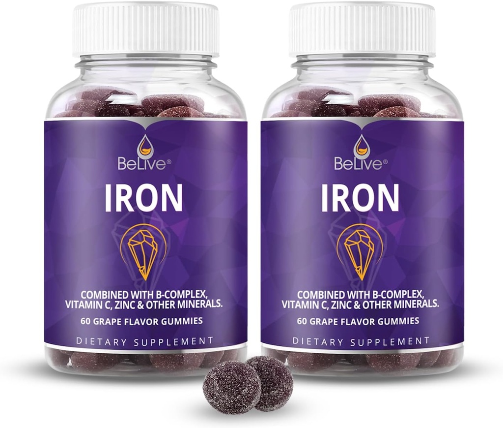 Gommies de fer BeLive - Supplément de fer multivitamine avec vitamine C, A, B & Zinc, soutient l'oxygène du sang, suppléments végétaliens pour les femmes, les hommes et les enfants pour la croissance et le développement - Flaveur de raisin