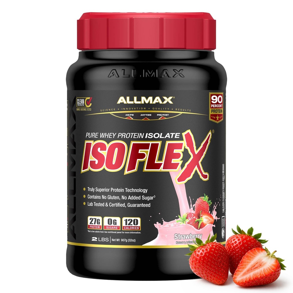 ALLMAX Nutrition ISOFLEX Wei-eiwitisolaat, aardbei - 2 lb - 27 gram eiwit per scoop - nulvet en suiker - 99% lactosevrij - glutenvrij en sojavrij - bij benadering 30 porties