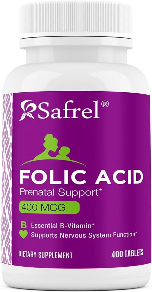 Safrel Folic Acid 400 mcg - Vitamine B9-400 tabletten, essentiële prenatale en postnatale vitamine voor foetale ontwikkeling, rode bloedcelproductie, cel- en neurale ontwikkeling, niet-GMO, veganistisch