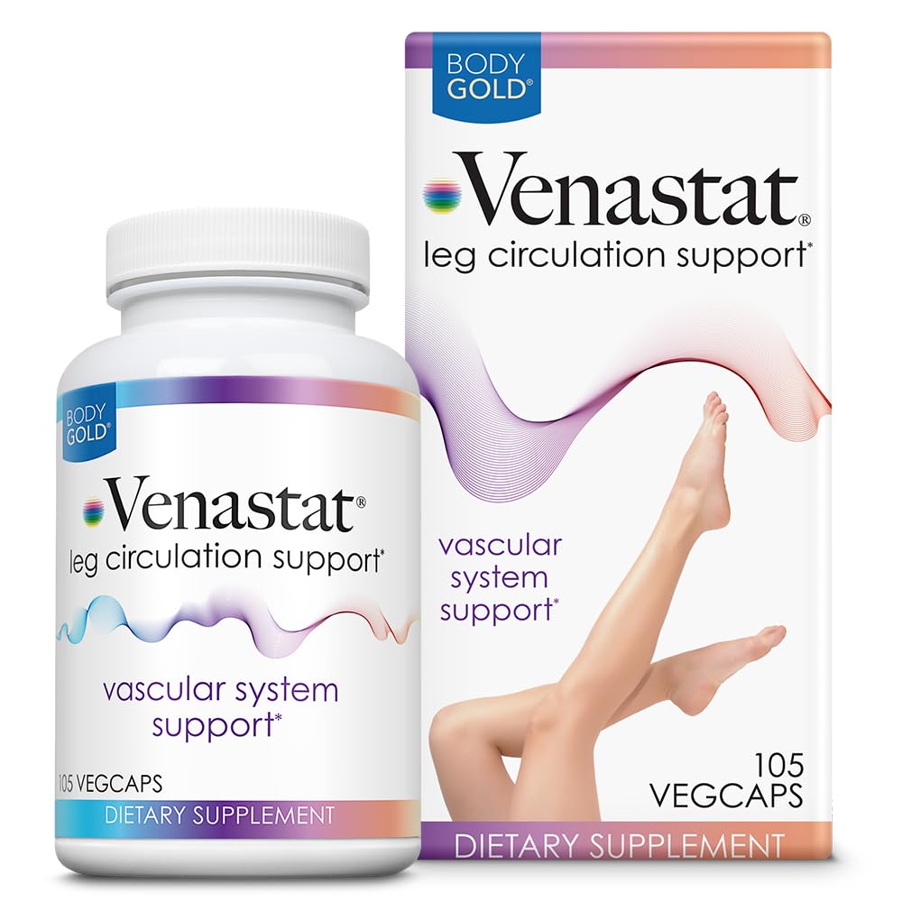 Body Gold Venastat - Suppléments de soutien à la veine des jambes, Suppléments de circulation avec Châtaigne de cheval et Diosmin pour les hommes et les femmes, Flux sanguin sain - 105 Capsules de Veggie