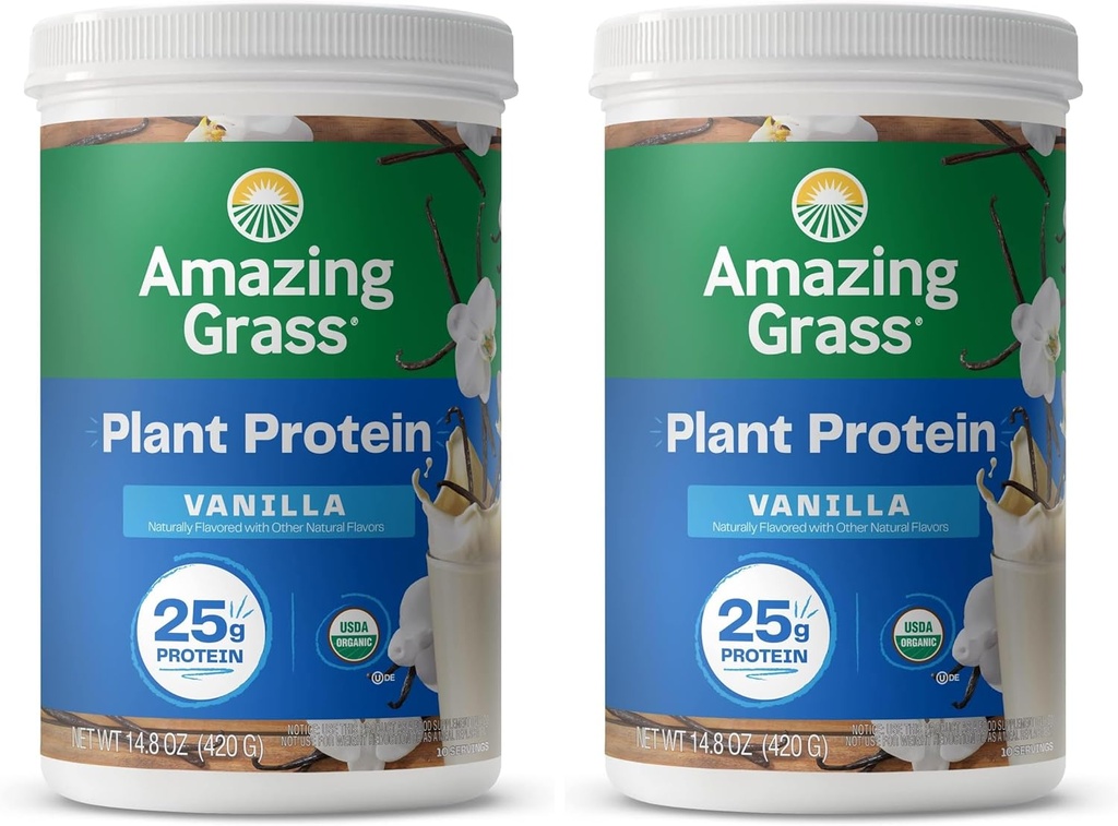 Amazing Grass Poudre de protéines végétales, mélange biologique à base de plantes avec 25g de protéines, de lait, de gluten et de soja - Vanille crémeuse (10 portions) (paquet de 2)