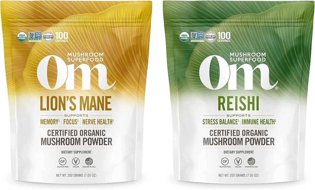 OM MUSHROOM SUPERFOOD 7.05oz Bundel, Lion's Mane & Reishi Biologische Paddestoelenpoeder, 200 porties