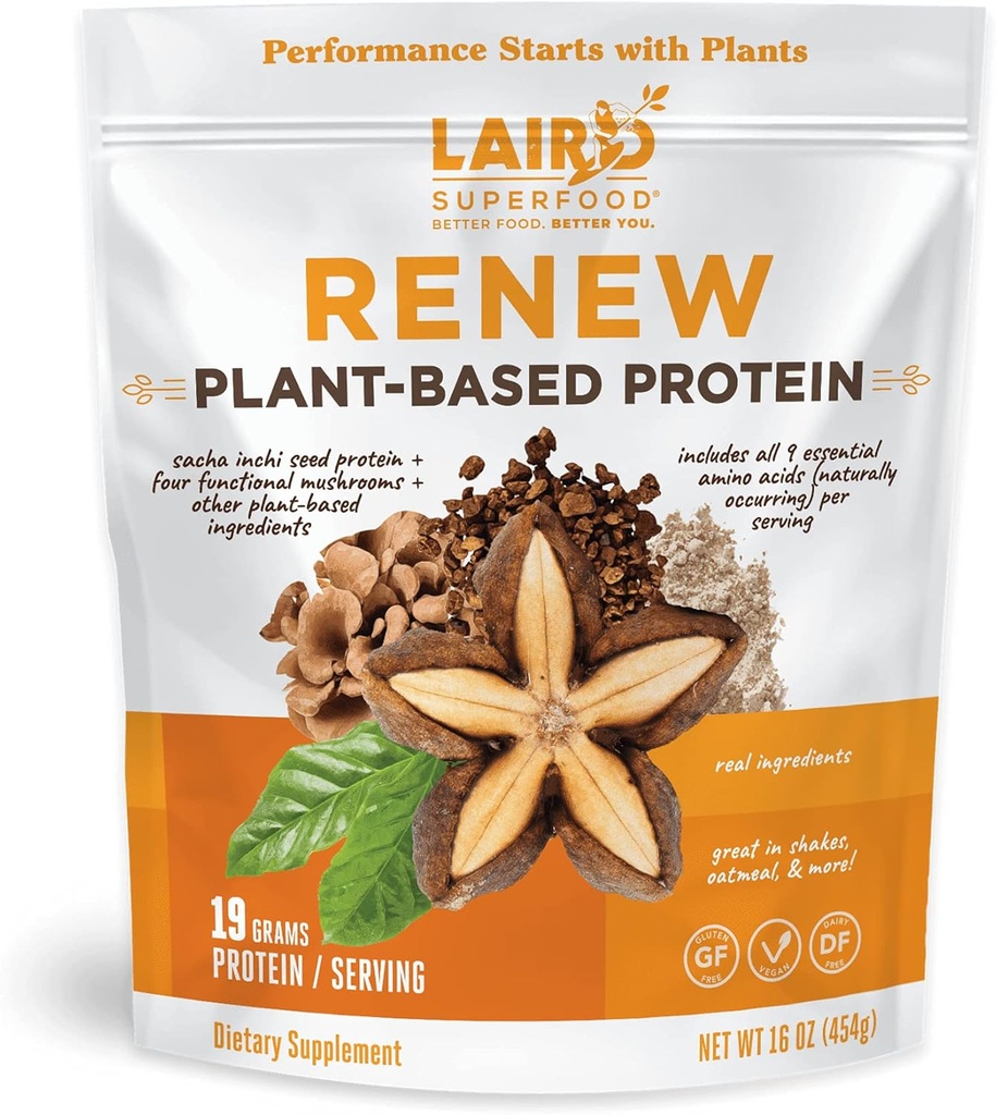 Laird Superfood Renew Plant-Based Proteine Powder, 19 Gram Proteine, Vegan met Sasha Inchi Seed Proteïne, Vier Functionele Paddenstoelen, Conservatieve Vrij, Glutenvrije, Dairy-Free, 16 oz. Zak
