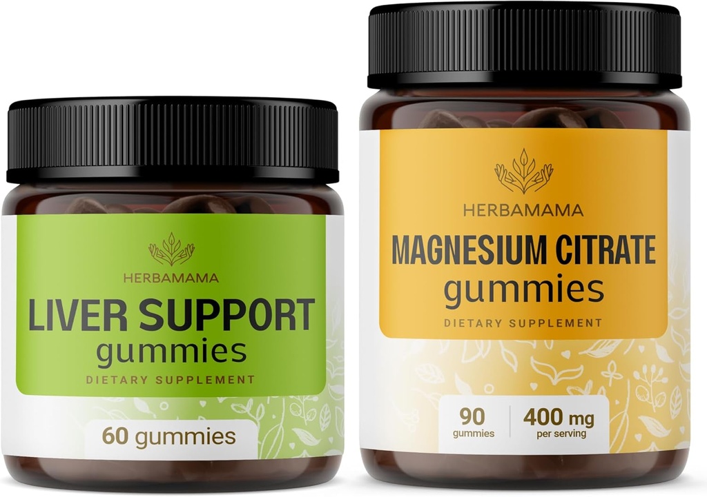 HERBAMAMA Liver Support Complex and Magnesium Kit - Bundle of Liver Support Herbal Complex & 400 mg Magnesium Citrate Gummies - Vegan, Non-GMO, Gelatin-Free - 2 Pack