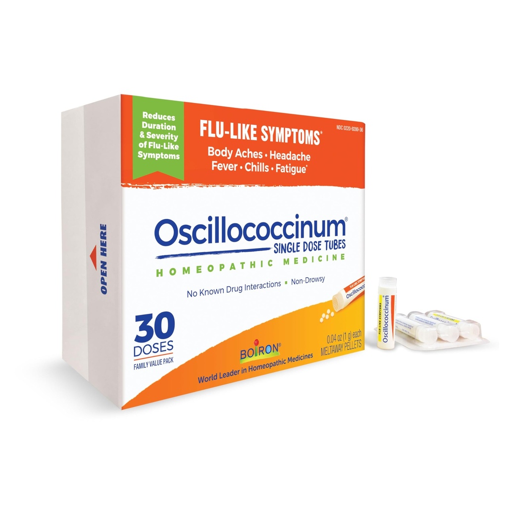 Boiron Oscillocicinum pour soulager les symptômes de la grippe comme les douleurs corporelles, les maux de tête, la fièvre, les frissons et la fatigue - 30 doses