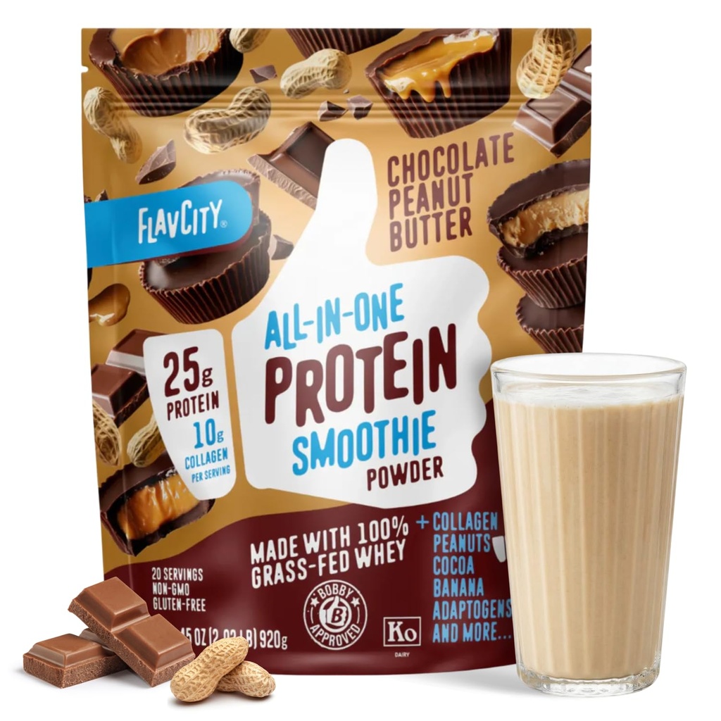 FlavCity Grass Fed Wei Chocolate Proteine Powder - Chocolate Peanut Butter - 25g proteïne & 10g Collageen - Made with Organic Cocoa & Coconut Milk - Gluten Free & No Added Sugars (20 Servings)