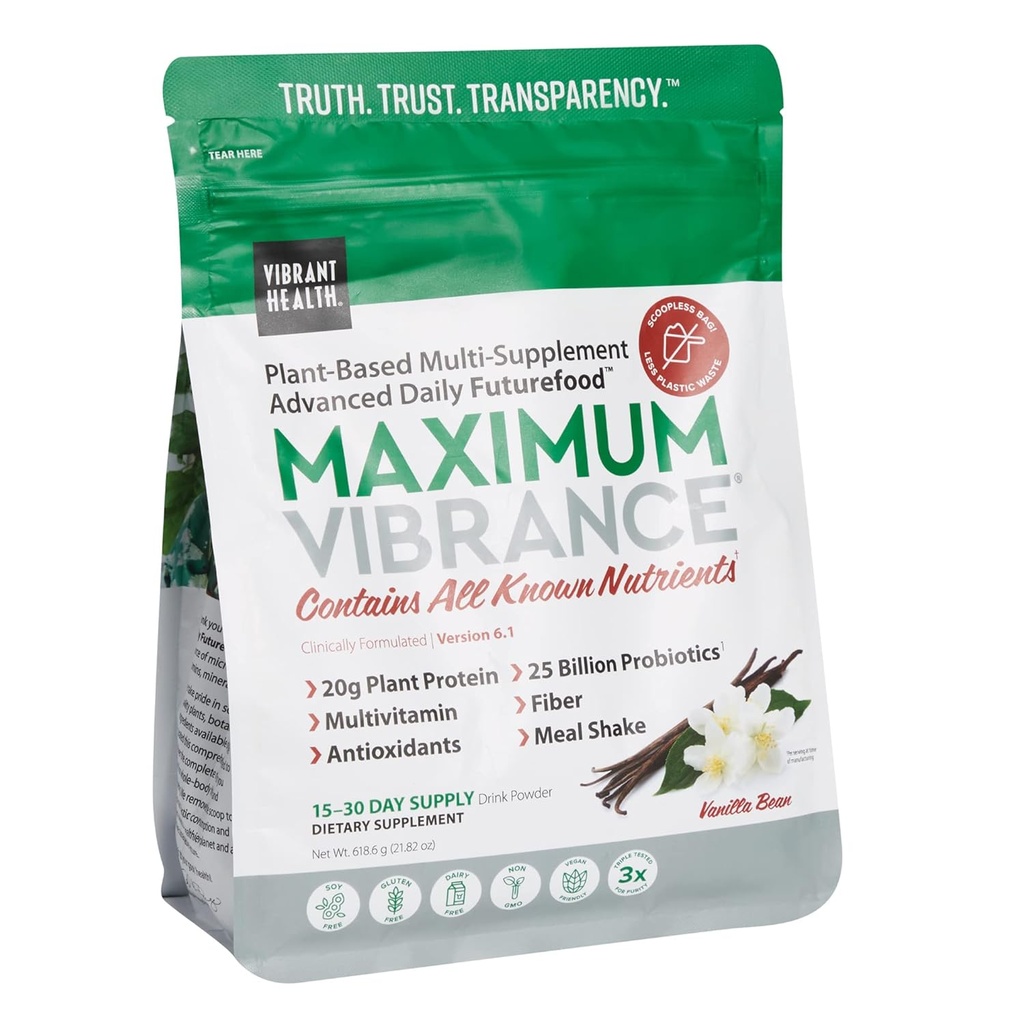 Bruisende Gezondheid, Maximale Vibratie, Plant-Based Superfood Supplement met een Multivitamine, Proteïne en 25 miljard CFU Probiotica, Vanille, 15 Serving Pouch